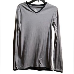Men’s Claiborne Long Sleeve Gray with Black Trim V-Neck Cotton Lightweight Shirt